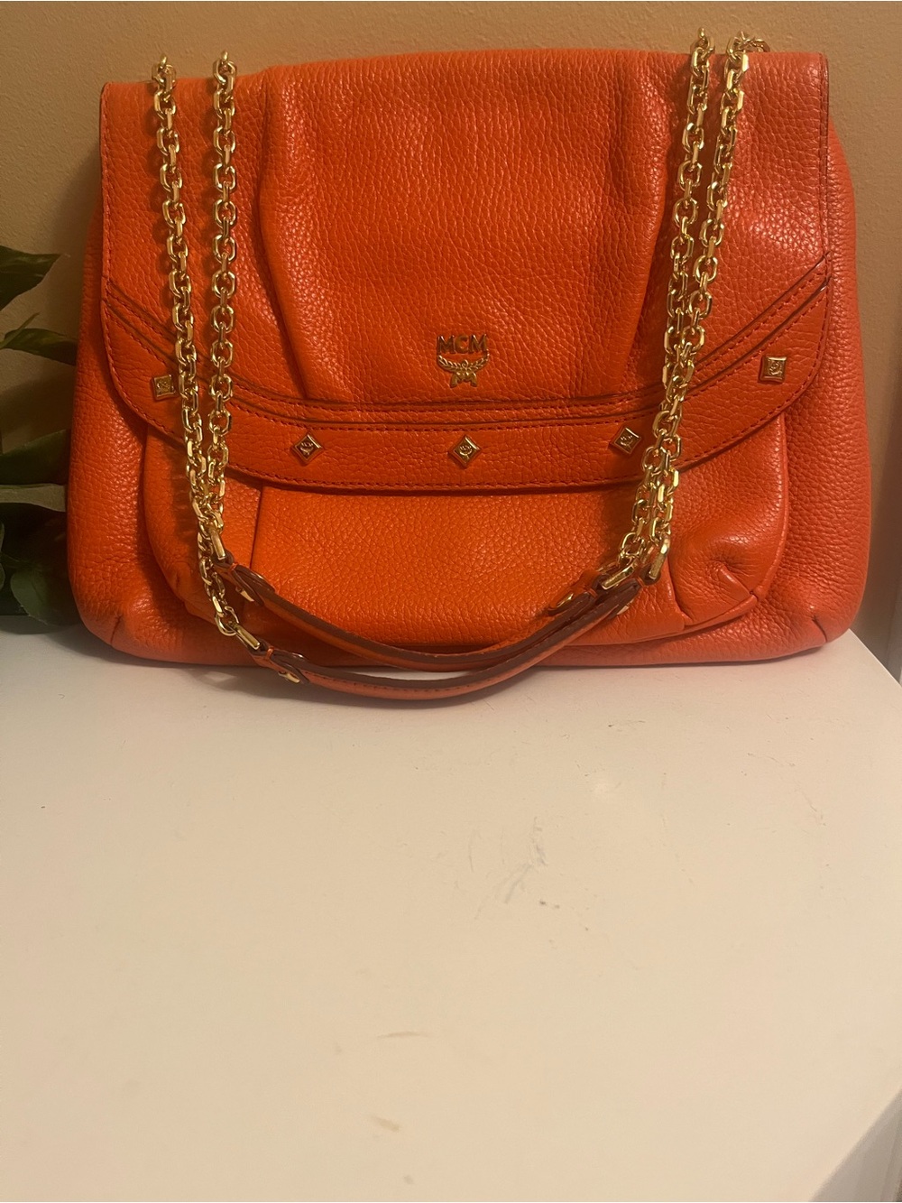 MCM Orange Leather Chain-Handle Shoulder Bag with Gold Accents